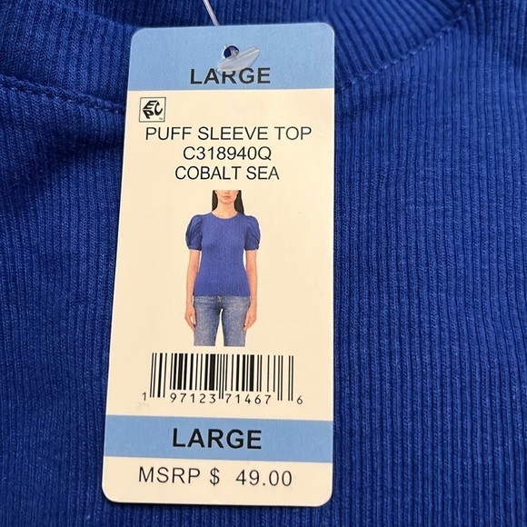 NWT Vince Camuto Women's Short Puff Sleeve Ribbed Crewneck Top Large - Picture 2 of 6